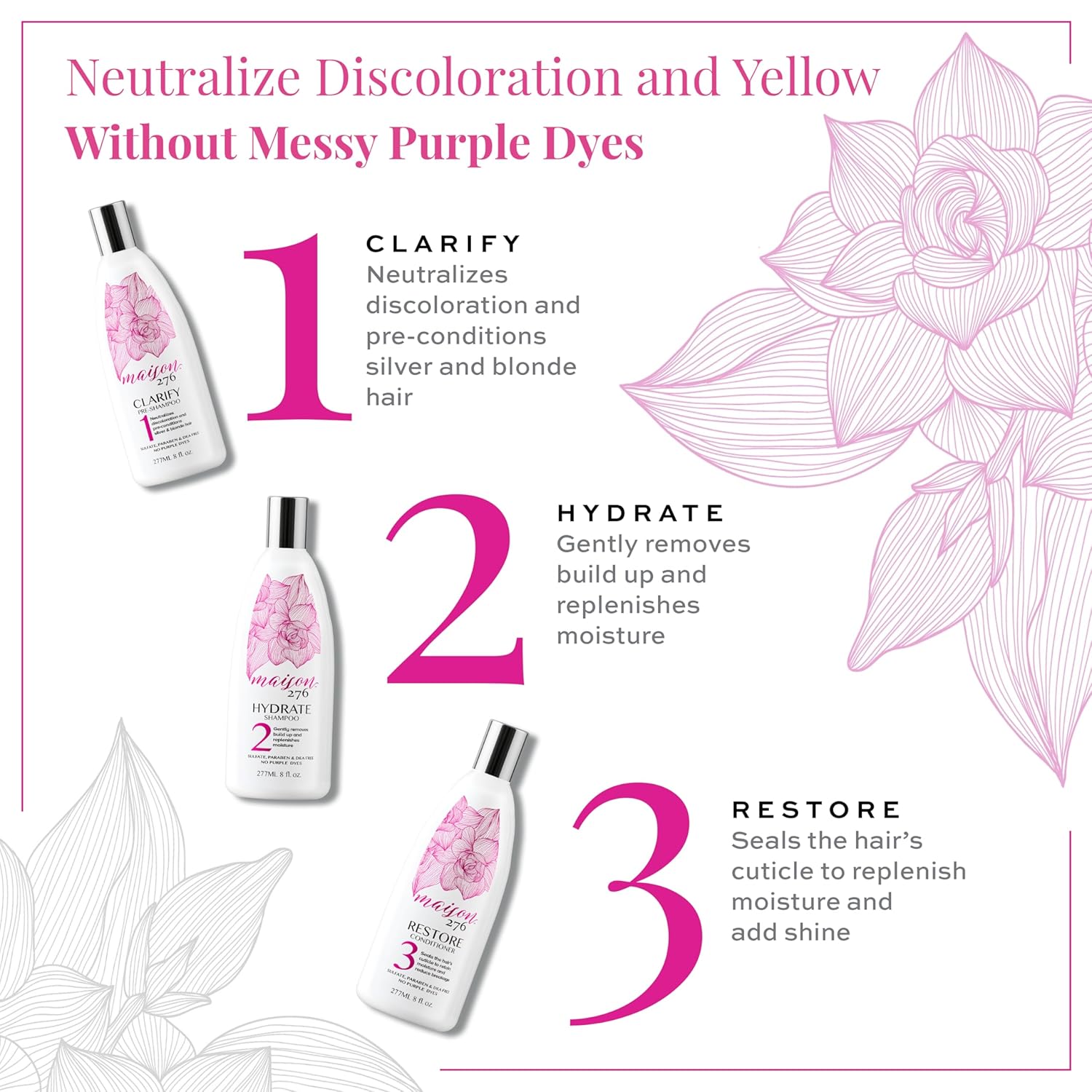 Maison 276 Pre-Shampoo, Shampoo and Conditioner for Silver, Gray & Blonde Hair, 3-Step System Tone-Correcting Shampoo, NOT a Purple Shampoo, Neutralizes Brassiness, Sulfate-Free, 3x 8oz Bottles