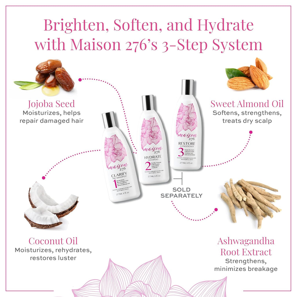 Maison 276 CLARIFY Pre-Shampoo for Silver, Gray & Blonde Hair, Tone-Correcting Pre-Shampoo, NOT a Purple Shampoo, Neutralizes Brassiness, Hair Pre-Conditioner, Sulfate-Free, 1, 8oz Bottle