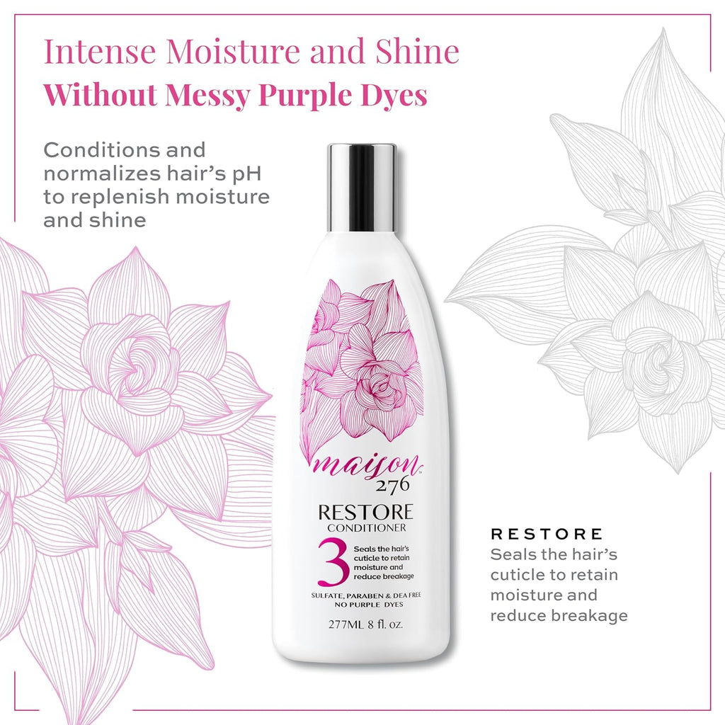 Maison 276 RESTORE Conditioner for Silver, Gray & Blonde Hair, NOT a Purple Conditioner, Normalizes Hair pH, Replenishes Moisture, Reduces Breakage, Provides Shine, Sulfate-Free, 1, 8 oz Bottle
