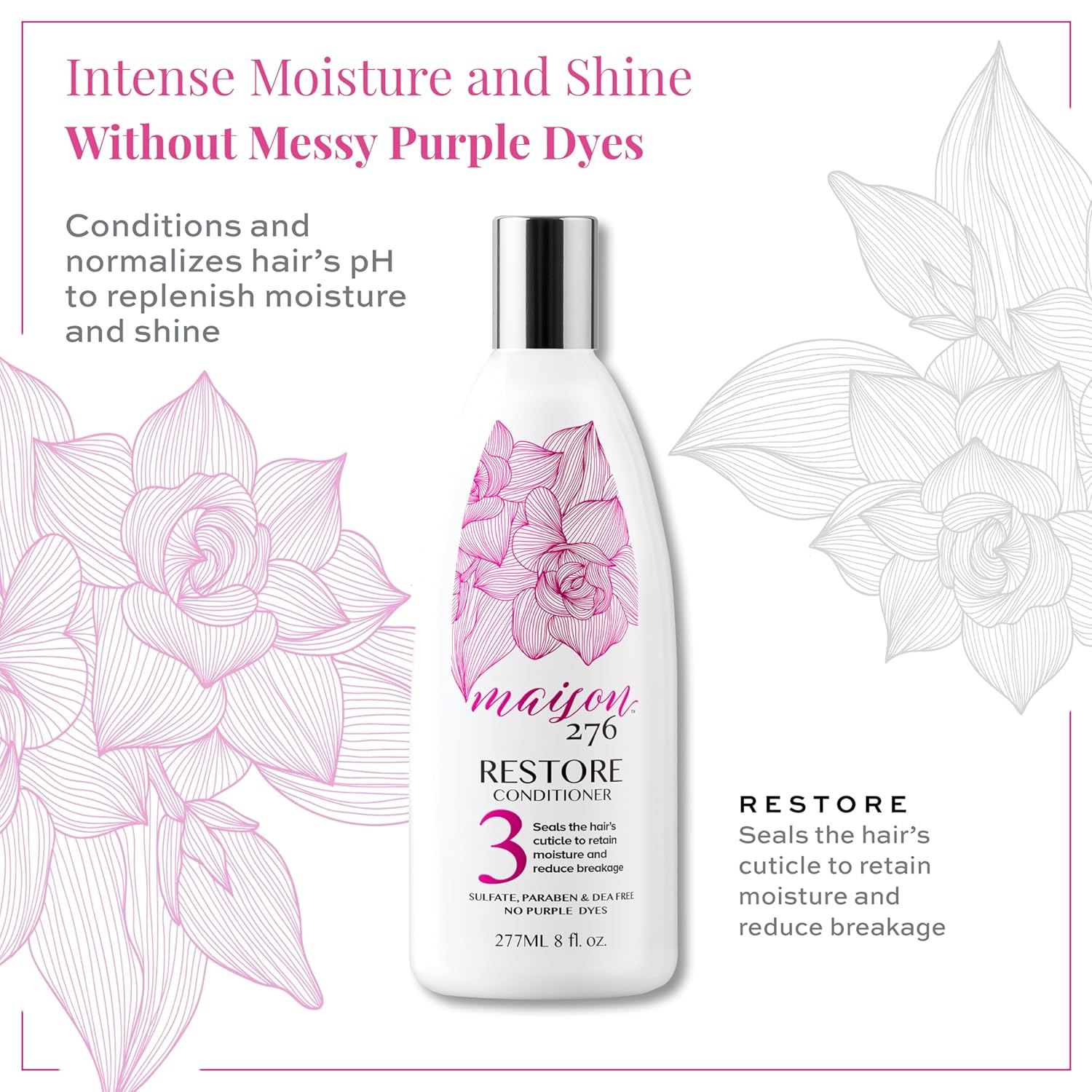 Maison 276 RESTORE Conditioner for Silver, Gray & Blonde Hair, NOT a Purple Conditioner, Normalizes Hair pH, Replenishes Moisture, Reduces Breakage, Provides Shine, Sulfate-Free, 1, 8 oz Bottle