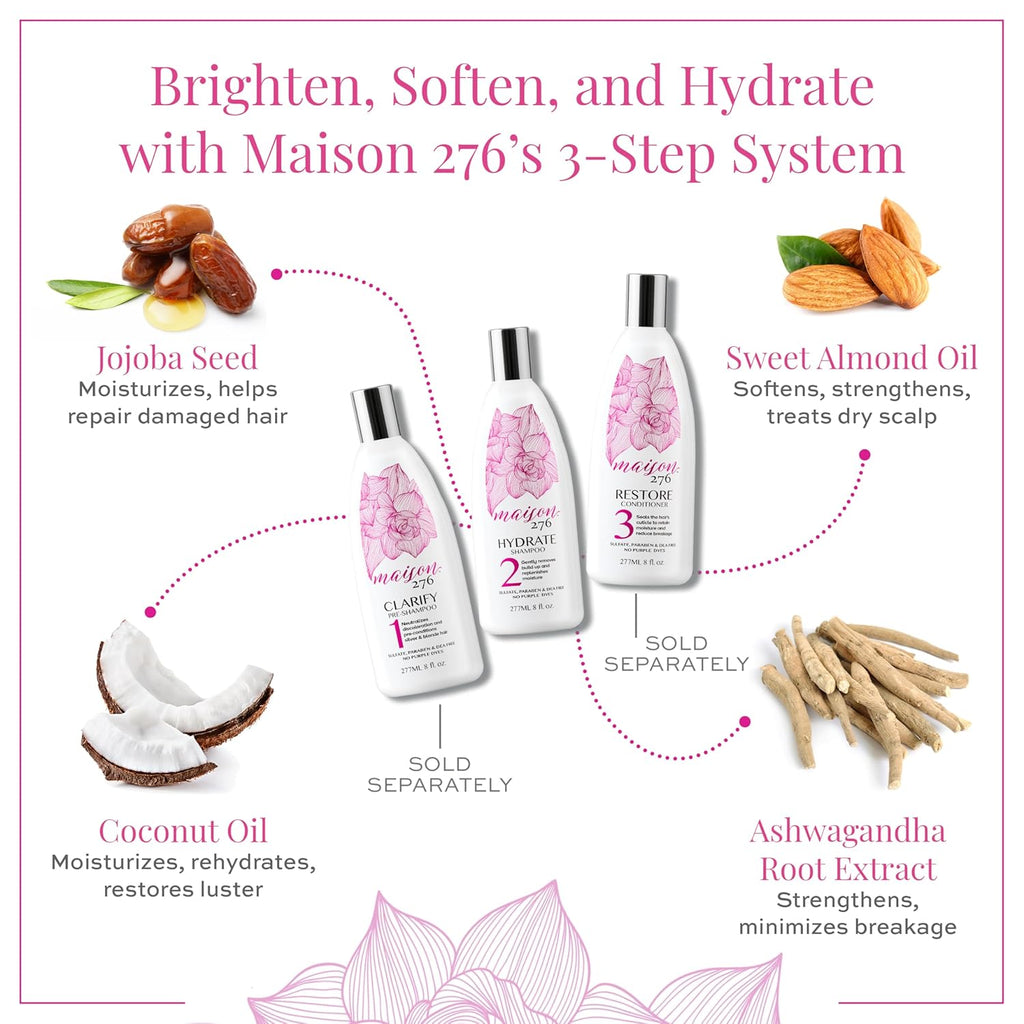 Maison 276 HYDRATE Shampoo for Silver, Gray & Blonde Hair, Tone-Correcting, Neutralizes Brassiness & Replenishes Hair Moisture, Sulfate-Free, 8 oz Bottle